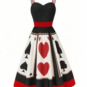 Chic Black and Red Card Print Midi Dress